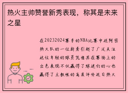 热火主帅赞誉新秀表现，称其是未来之星